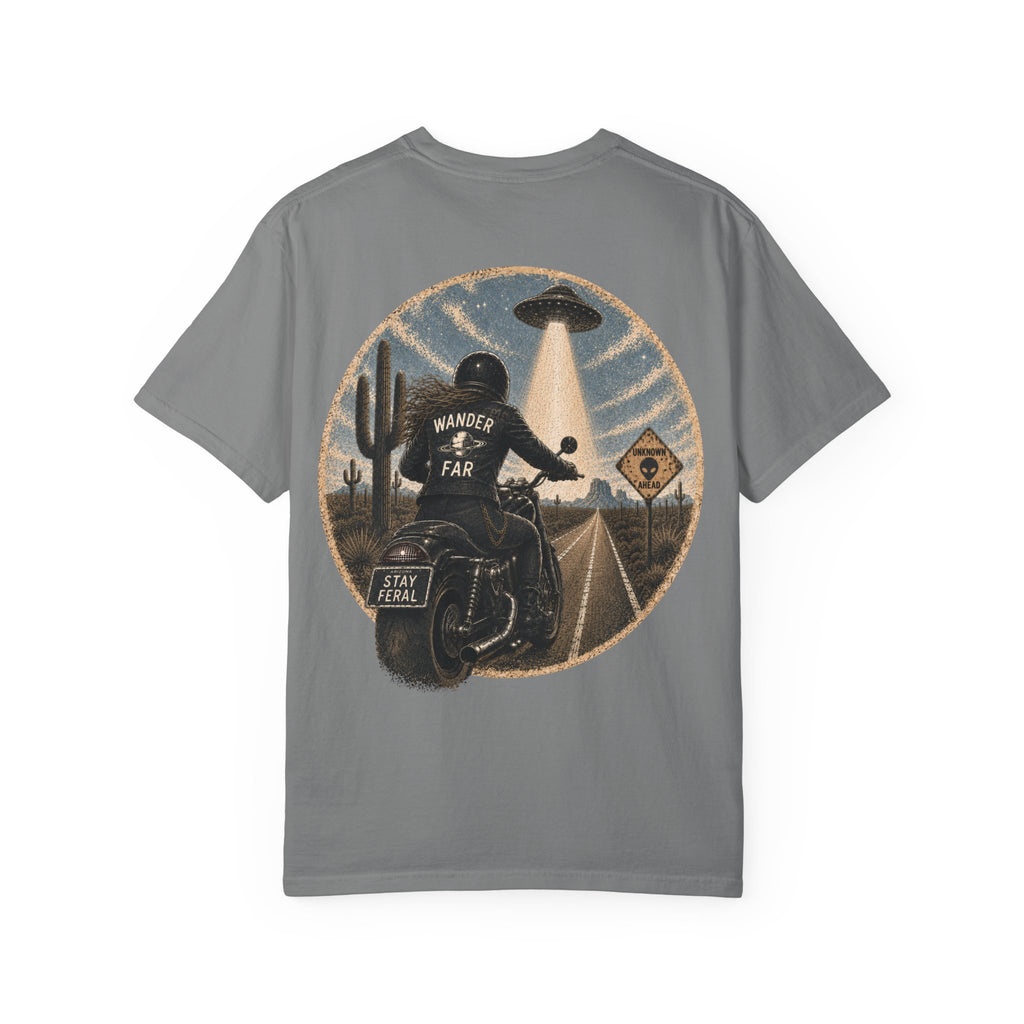 Alien Abduction Motorcycle T‑Shirt — Sci‑Fi Desert Rider Tee