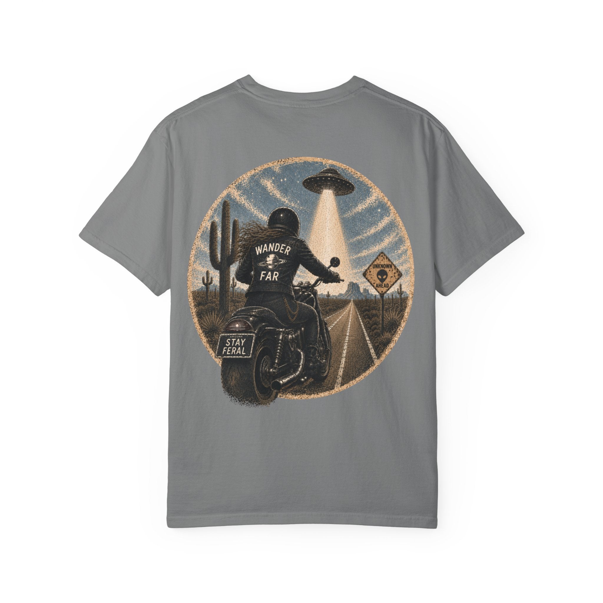Alien Abduction Motorcycle T‑Shirt — Sci‑Fi Desert Rider Tee