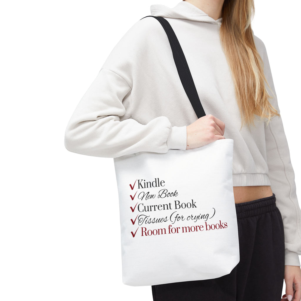 Tote Bag — "Checklist for Readers: Kindle, New Book, Current Book, Tissues, Room for More Books"