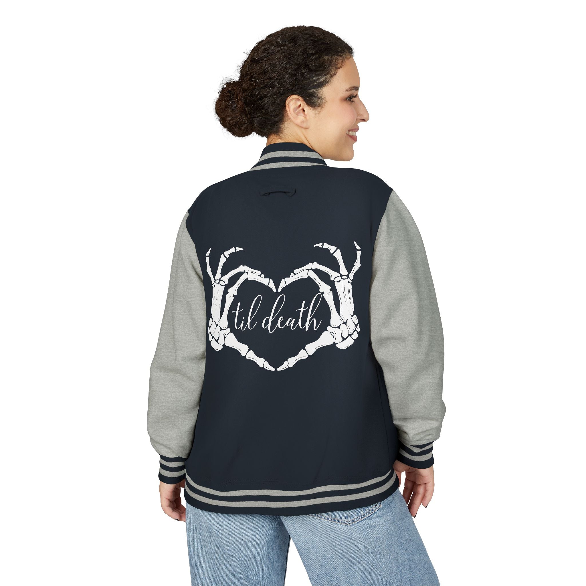 Mrs. Letterman Jacket — 'Til Death Skeleton Heart Hands Varsity Jacket