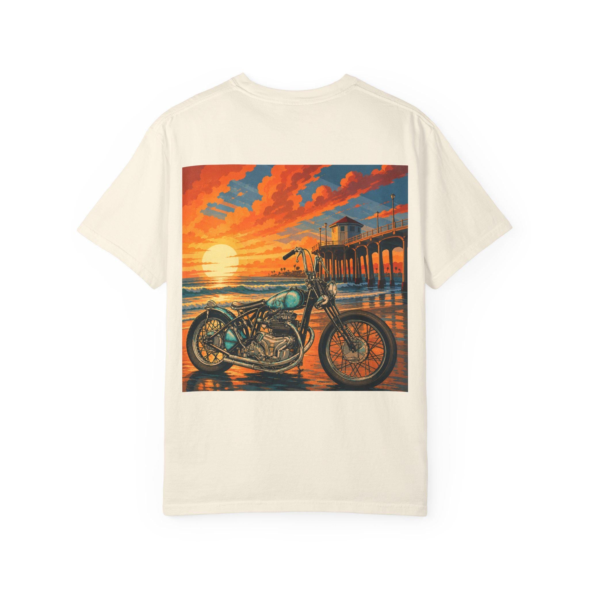 Sunset Beach Motorcycle T-Shirt | Pier Sunset Bike Graphic