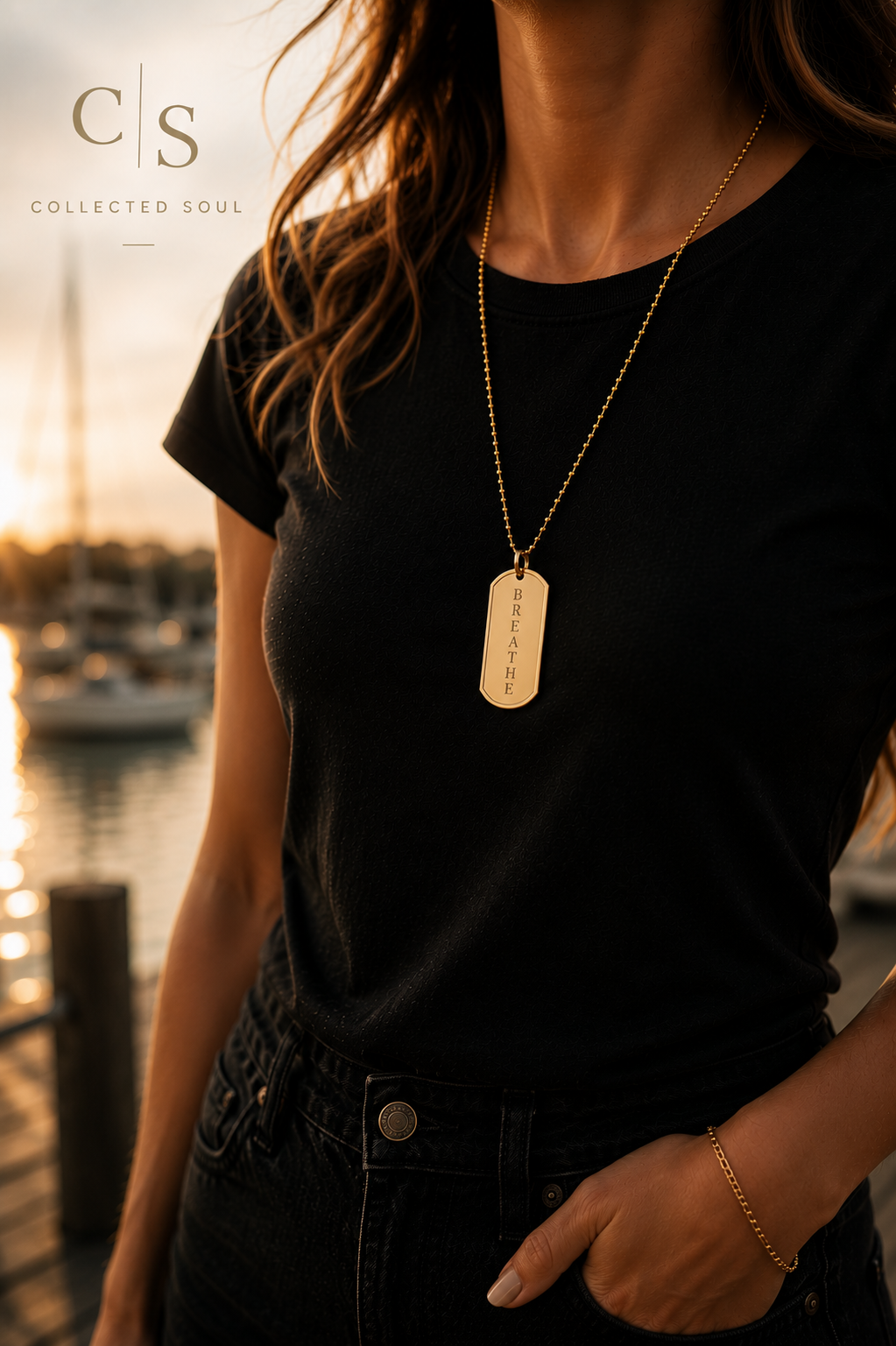 BREATHE Dog Tag Necklace — Engraved Word Pendant in Gold or Silver