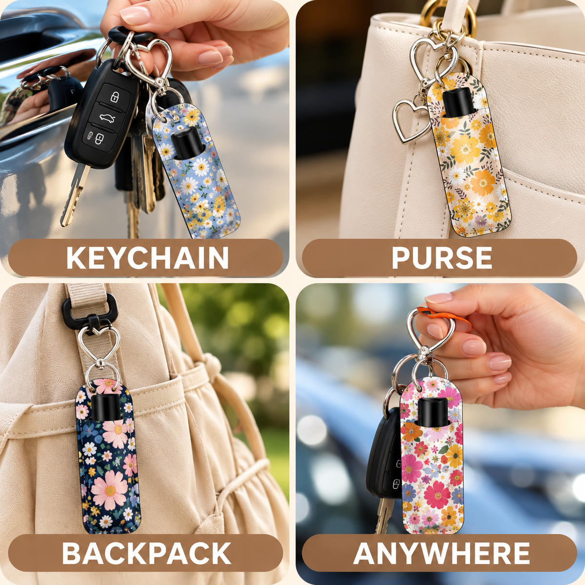 Floral Lip Balm Holder Keychain with Double-Heart Clasp