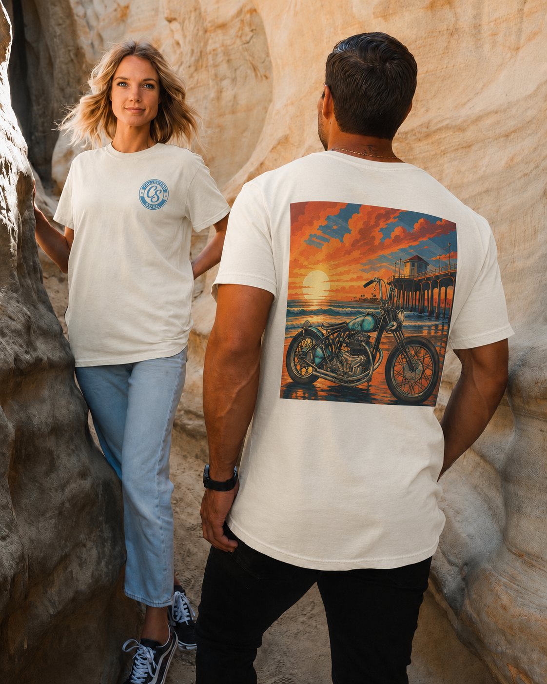 Sunset Beach Motorcycle T-Shirt | Pier Sunset Bike Graphic