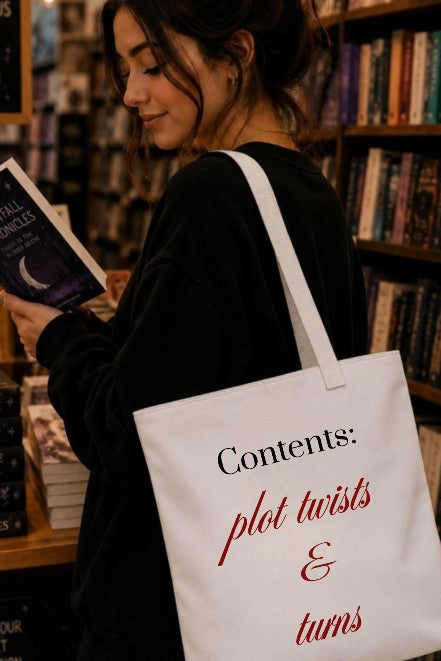 Contents plot twists and turns literary quote canvas tote bag lifestyle shot in bookstore