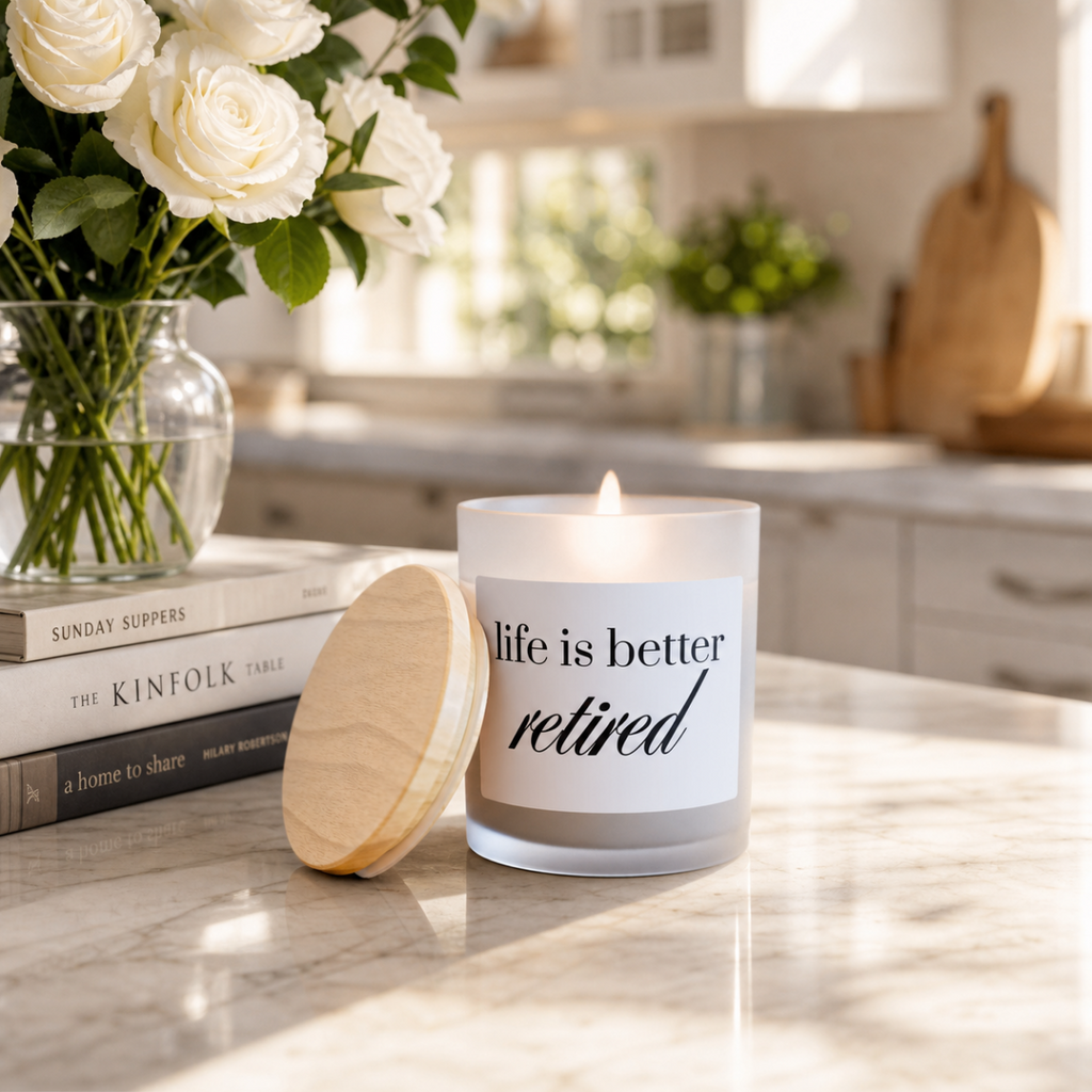 Retired Life Candle — Frosted Glass 11oz ("life is better retired")
