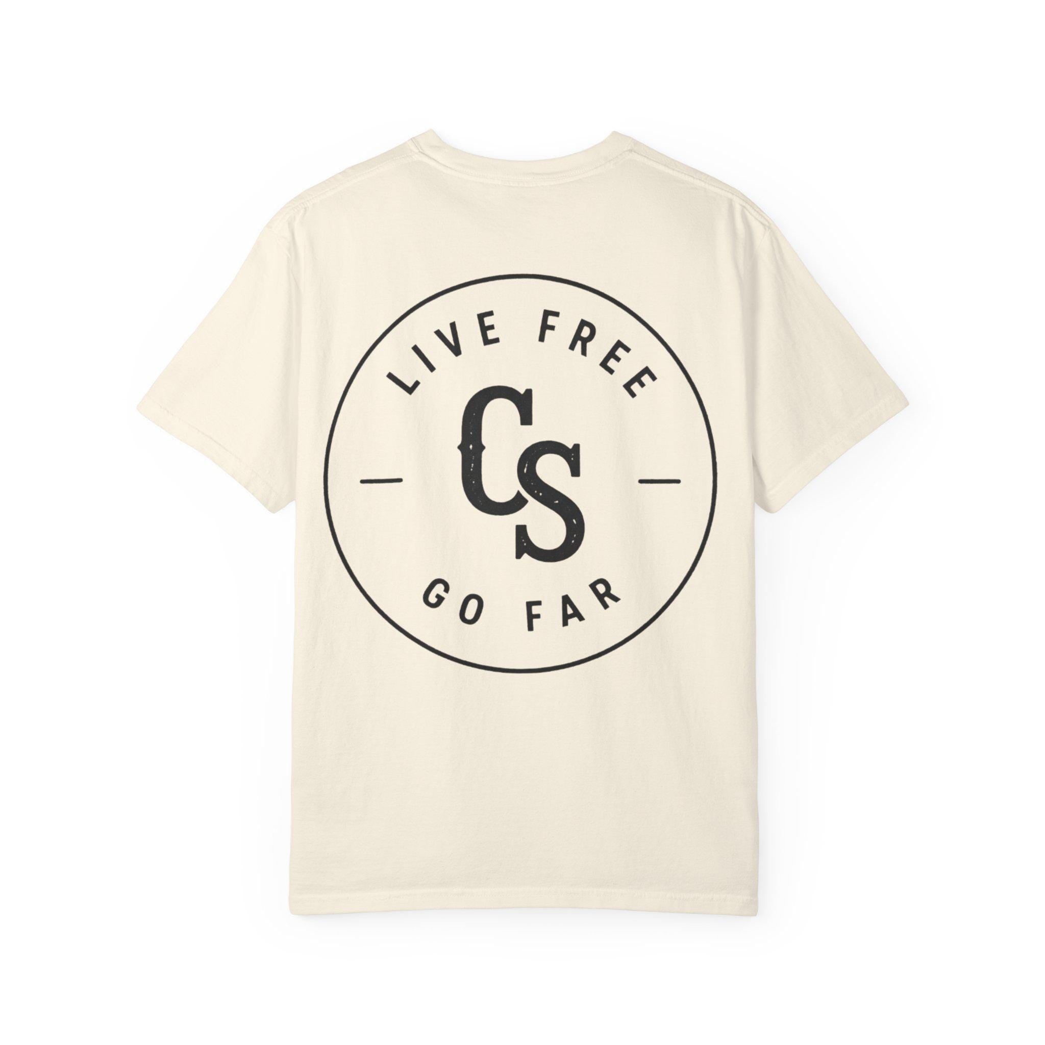 Live Free Go Far CS Logo T-Shirt | Circular Badge Chest & Back Print