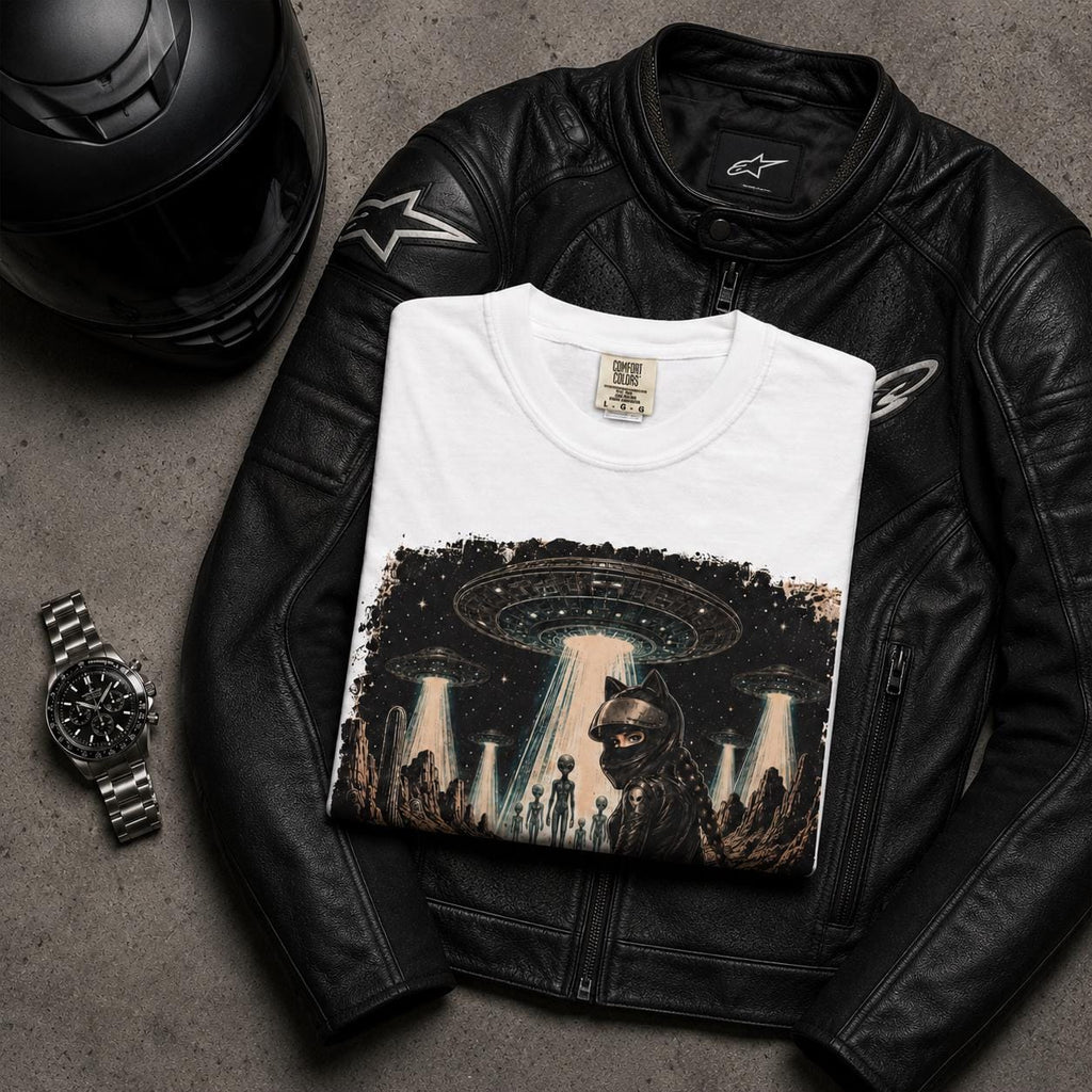 Stay Feral Motorcycle Shirt, Alien UFO Desert Rider Graphic Tee