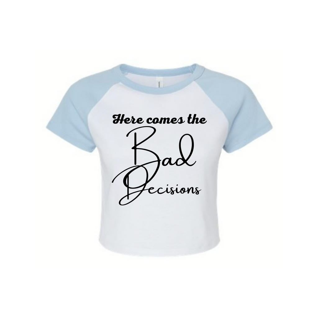 "Here Comes the Trouble" Baby Baseball Crop Tee — Bridal Party Bachelorette Shirt