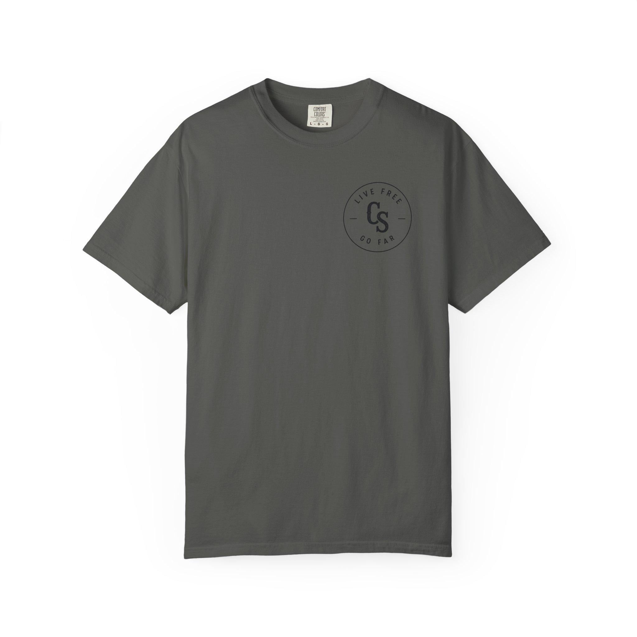 Live Free Go Far CS Logo T-Shirt | Circular Badge Chest & Back Print