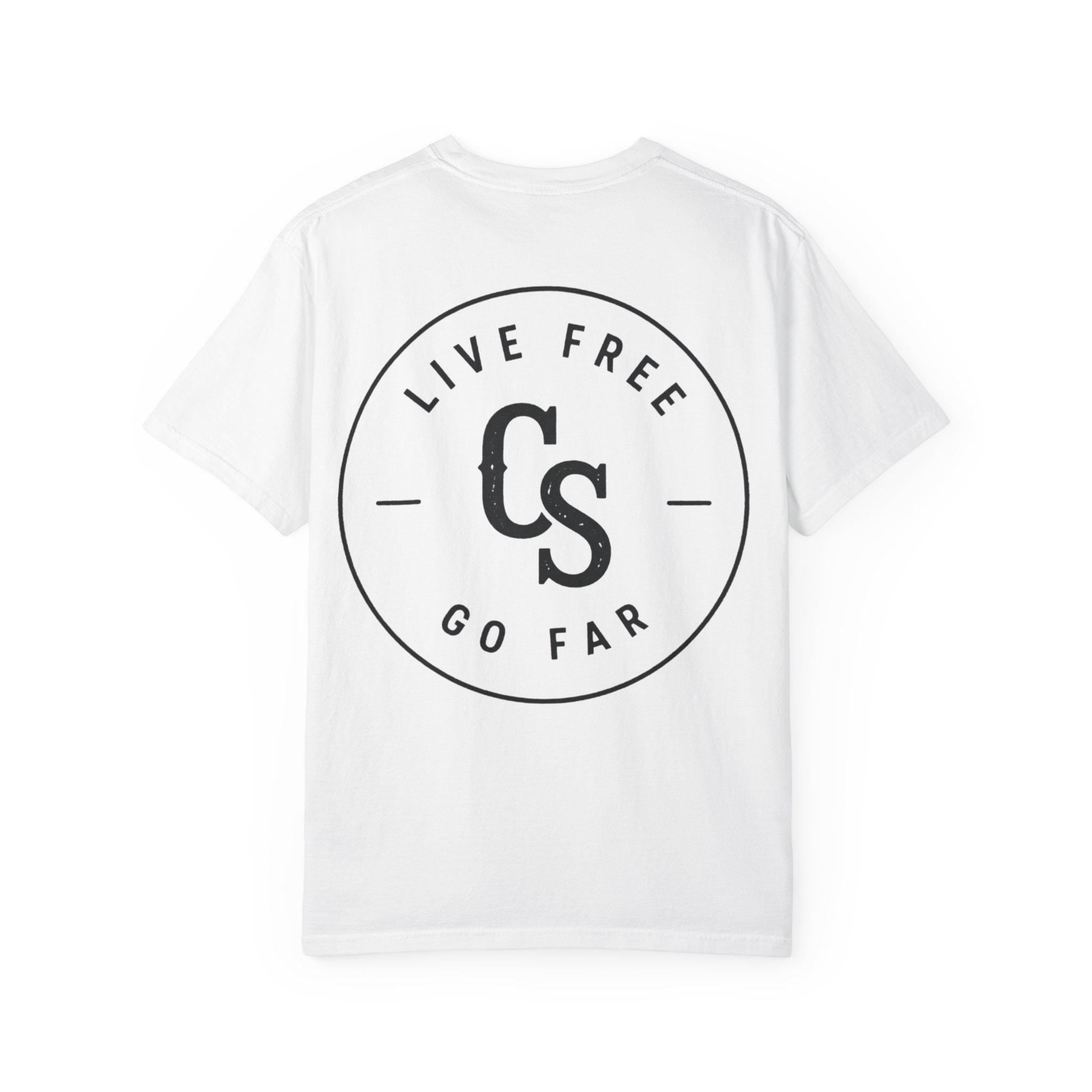 Live Free Go Far CS Logo T-Shirt | Circular Badge Chest & Back Print