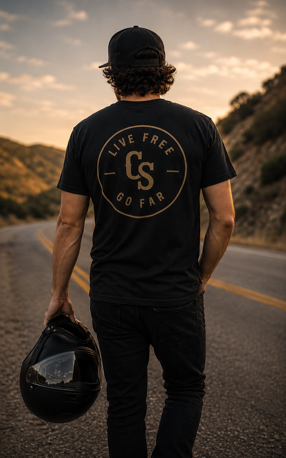 Live Free Go Far CS Logo T-Shirt | Circular Badge Chest & Back Print