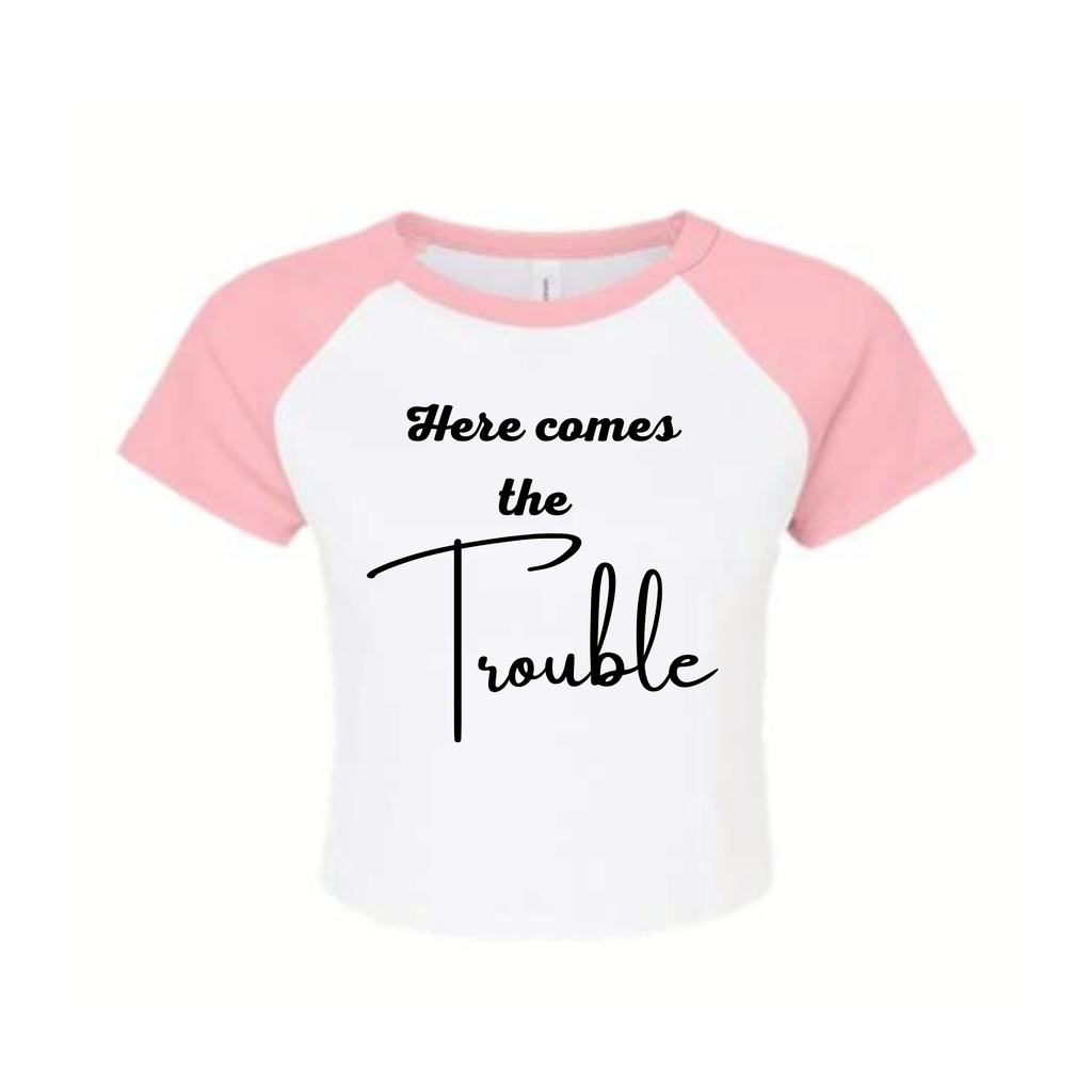 "Here Comes the Bad Decisions" Baby Baseball Crop Tee — Bachelorette Party Shirt