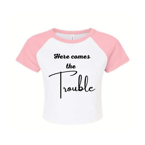 "Here Comes the Trouble" Baby Baseball Crop Tee — Bridal Party Bachelorette Shirt